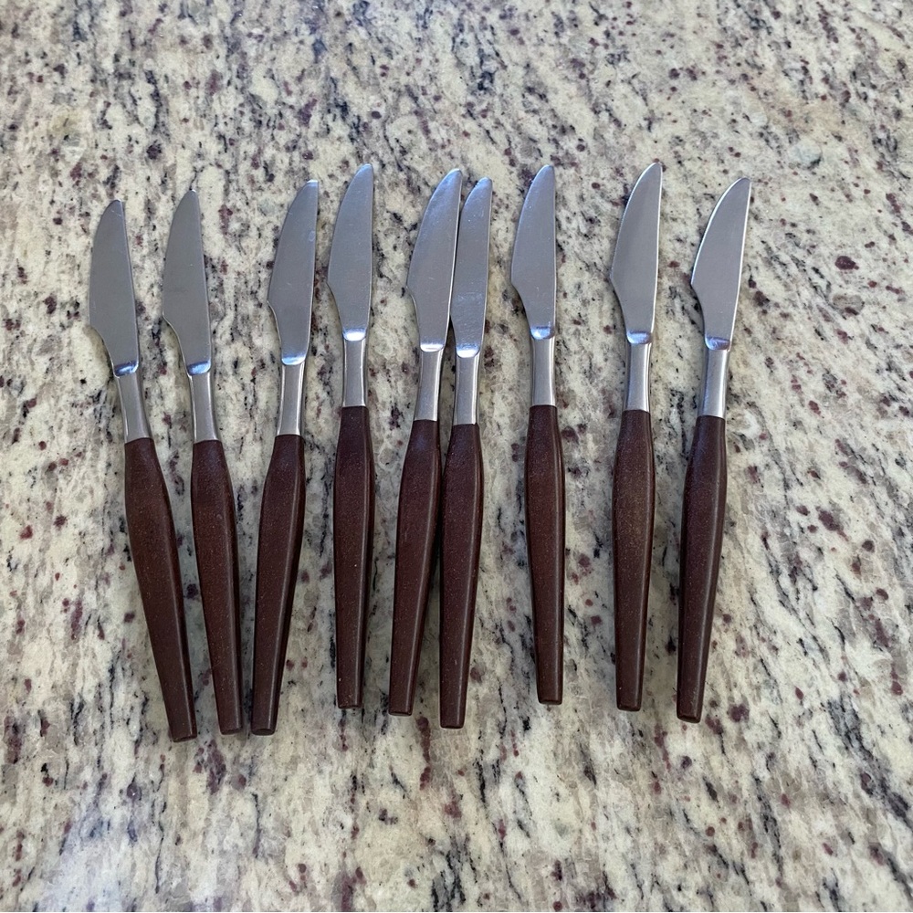 Vintage butter knives "canoe style" brown mid century stainless Japan lot of 9